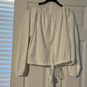 White off the shoulder long sleeve sweatshirt with drawstring waist